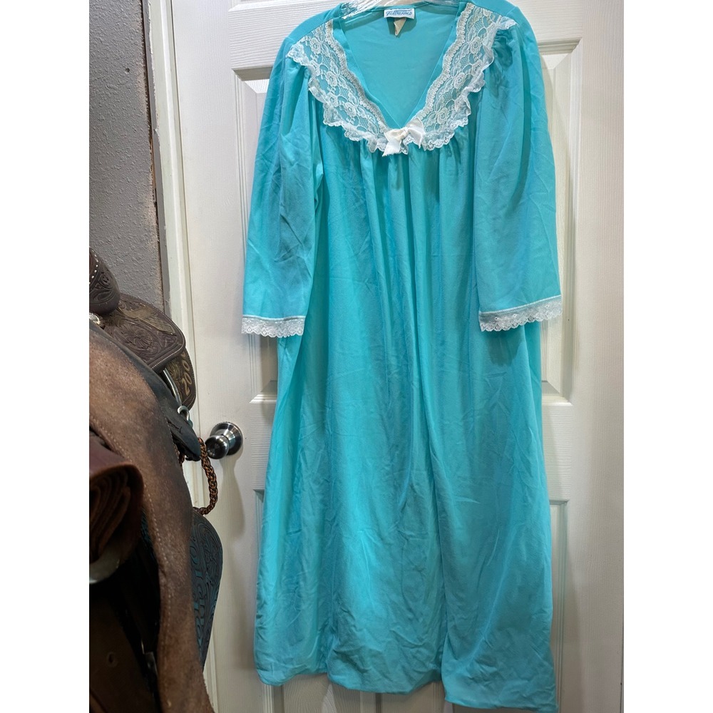 Vintage Featherbed Turquoise Lace Trim Nightgown Long‎ Sleeve V Neck Women's